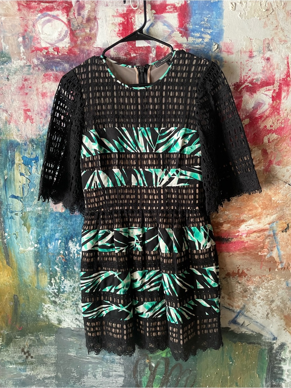 BCBGMaxAzria Black Crochet Mini Dress with Teal Leaf Print